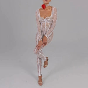 Detail of white sheer lace bodysuit with long sleeves and corset-style seams on the torso