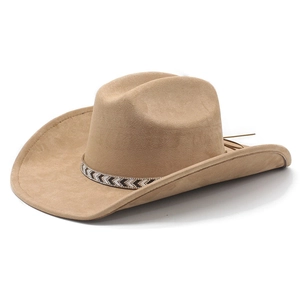 Classic wide brim khaki faux suede fedora hat with geometric pattern decorative band