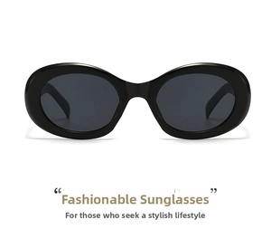 Front view of vintage oval sunglasses with thick black frames and dark polarized lenses