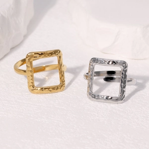 Square Hammered Texture Open Ring 18K Gold Plated Stainless Steel Adjustable Geometric Minimalist Jewelry For Women