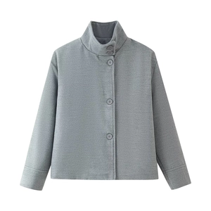 Women's grey short wool jacket with stand collar and four-button closure on white background