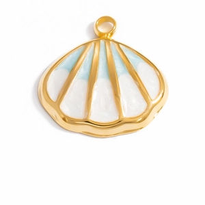 Elegant 18k gold plated stainless steel scallop shell pendant with blue enamel