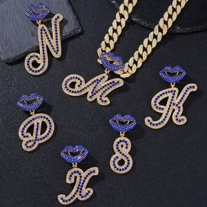 Hiphop gold plated Cuban necklace with iced out blue rhinestone lip and initial pendant