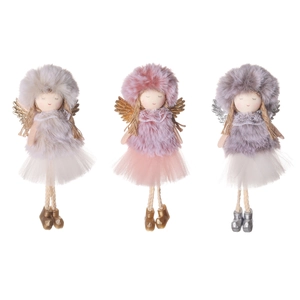 Three plush Christmas angel dolls in grey, pink and purple with tulle wings decoration