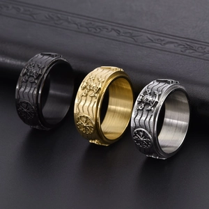 Vintage punk nautical steel spinning ring with pirate skull and compass reliefs