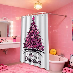 Detail of pink heart Christmas tree print on waterproof waffle fabric shower curtain