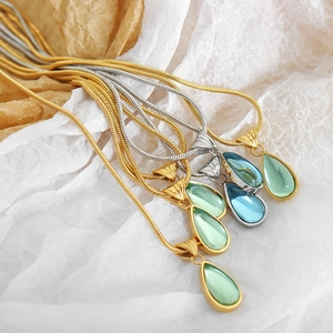 French vintage waterdrop pendant necklace with gold and silver snake chains in blue and green