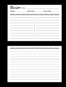 Mise en page détaillée d'une fiche recette minimaliste avec motifs de feuilles noirs