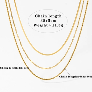 Detailed spec view of three-layered gold snake and link chains with length measurements