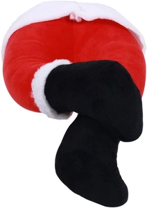 Detail view of plush Santa Claus legs with red trousers and black boots for Christmas decor