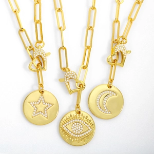 Collana Con Pendente Rotondo Occhio Del Diavolo Stella Luna Pianeta Rame Placcato Oro 18K Zirconia Catena A Graffetta Fibbia A Cuore