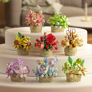 Set of 8 colorful miniature artificial flower building block bonsai in decorative pots