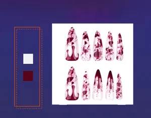 Detail of long stiletto press-on nails with white base and red blood splatter design