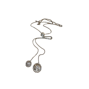 Adjustable silver long necklace with two crystal studded spheres and snake chain