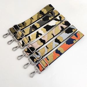 Detail of adjustable camouflage bag straps with premium silver metal hardware
