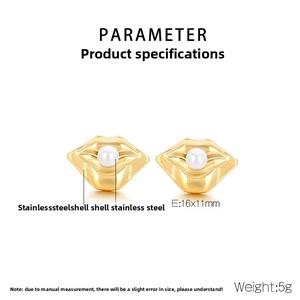 Detail of lip-shaped stainless steel earrings with shell inlay and technical dimensions