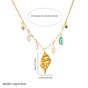Detailed view of ocean-themed necklace with shell pendants, pearls, and size measurements