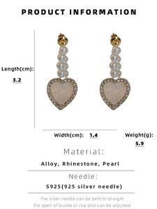 Detailed dimensions showing heart earrings with pearls and rhinestones on 3.2cm length