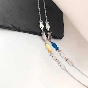 Polished stainless steel fish school pendant necklace in silver, gold and blue colors