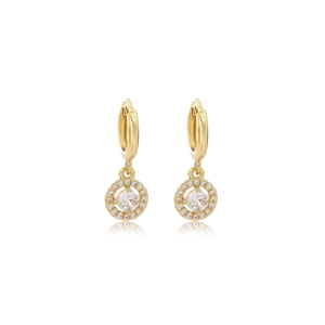 Detailed view of gold hoop earrings featuring crystal cluster round drop pendants
