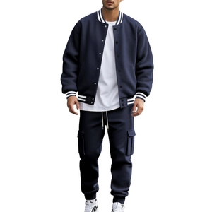 Men's navy blue varsity jacket and jogger set with striped collar and fleece texture