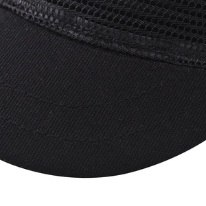 Close-up of black breathable mesh fabric and double-stitched brim on short-brim hat