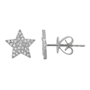 Star-shaped silver stud earrings with pave-set white cubic zirconia stones in a minimalist style