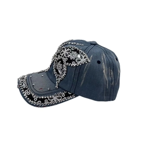 Navy washed denim baseball cap with silver rhinestones and flower sequins patterns