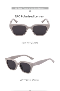 Detailed front and 45-degree side view of grey polarized sunglasses with metal accents