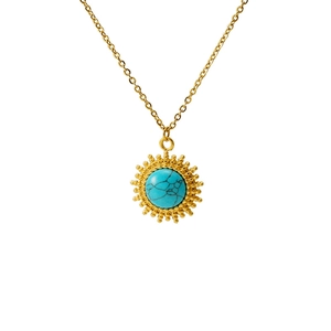 Retro turquoise sunburst pendant necklace in gold finish with a classic link chain