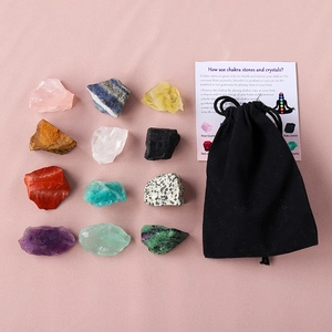 Natural crystal chakra stone set with twelve raw gems, velvet bag and guide card