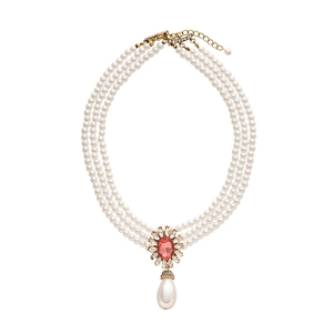 Baroque multilayer pearl necklace with ruby red oval pendant and waterdrop pearl charm