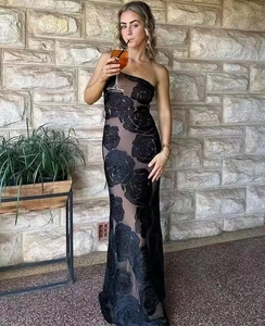 Detail of sexy one-shoulder floral burn-out lace evening dress with nude lining