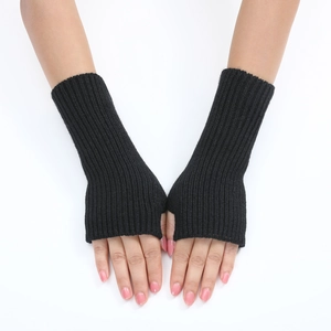 Close-up of black ribbed knit fingerless gloves showing detailed texture and wrist fit