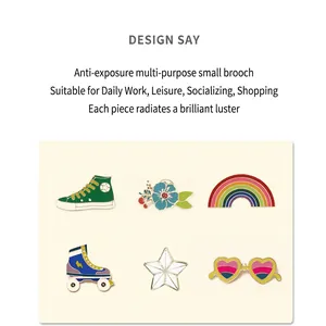 Cute Japanese enamel brooch set featuring rainbow, heart, and sneaker designs