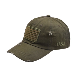 Distressed army green baseball cap with USA flag patch and embroidery for sun protection.
