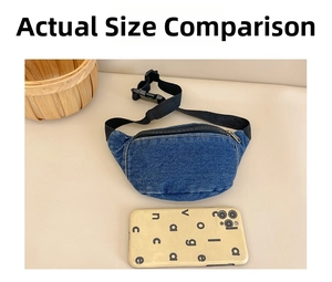 Detailed size comparison of a blue denim kids waist bag next to a mobile phone