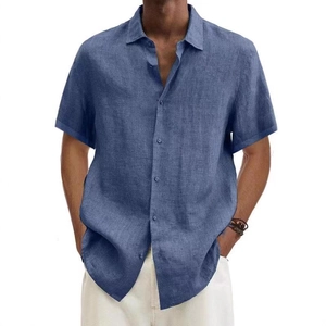 Camicia uomo a maniche corte blu scuro in cotone e lino con scollo a V e bottoni frontali