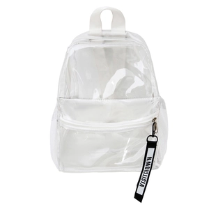 Stylish transparent PVC backpack with white straps and black decorative ribbon tag