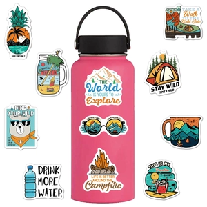 Detail of waterproof VSCO camping stickers on a pink flask featuring outdoor illustrations