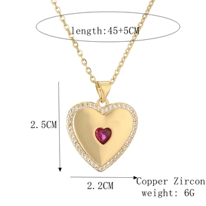 Detailed size chart of gold heart necklace with red gemstone and dimensions in CM