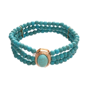 Vintage bohemian triple-layer beaded bracelet with turquoise stones and gold hardware