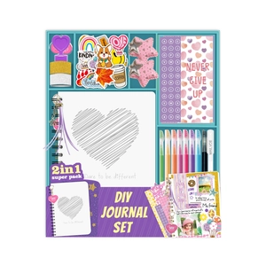 DIY Journal Set including heart notebook, colored pens and aesthetic stickers in purple box