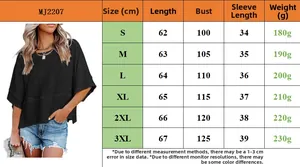 Detailed size chart for women's flare sleeve t-shirt including length and bust measurements