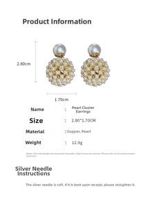 Detailed view of cluster pearl stud earrings with 2.8x1.7cm dimensions and copper material
