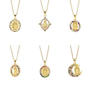 French Vintage Virgin Mary Pendant Necklace Stainless Steel Zirconia Inlaid Gold Plated Religious Jewelry For Unisex
