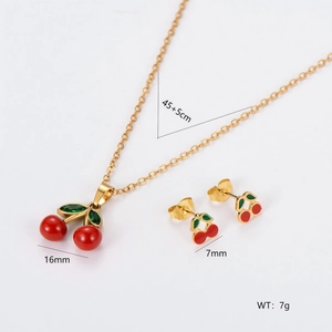 Golden stainless steel cherry pendant necklace and stud earrings set for women