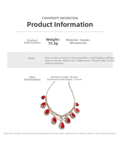 Detail view of rhinestone waterdrop fringe necklace with dimensions and 15.3g weight