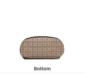 Flat base detail of vintage printed travel backpack with brown leather trim and oval shape