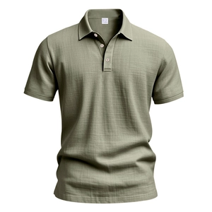 Detailed view of breathable linen polo shirt texture and button collar in bean green
